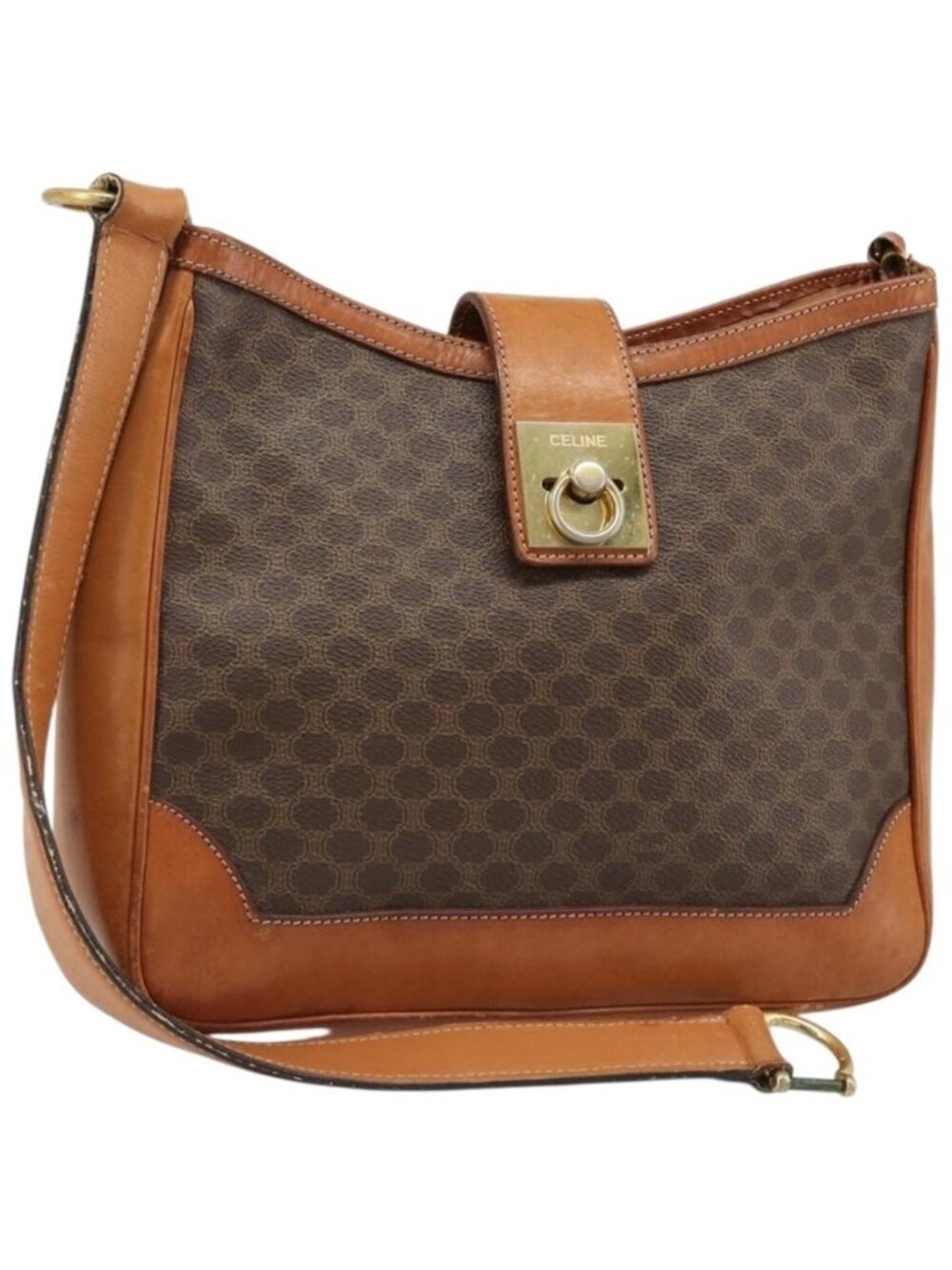 Authentic CELINE Macadam Canvas Shoulder Bag PVC Leather Brown Gold